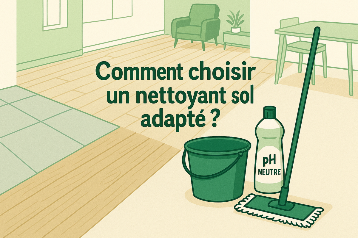 Intérieur moderne avec plusieurs revêtements et accessoires de nettoyage illustrant le choix d’un nettoyant pour sol adapté