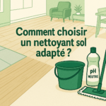 Intérieur moderne avec plusieurs revêtements et accessoires de nettoyage illustrant le choix d’un nettoyant pour sol adapté