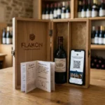 Coffret Flakon ouvert : vin miniature, livret de dégustation et QR code sur smartphone.