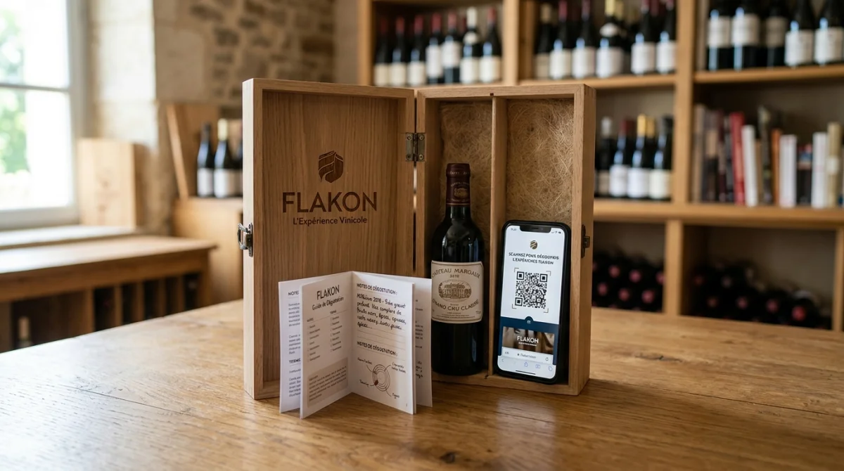 Coffret Flakon ouvert : vin miniature, livret de dégustation et QR code sur smartphone.