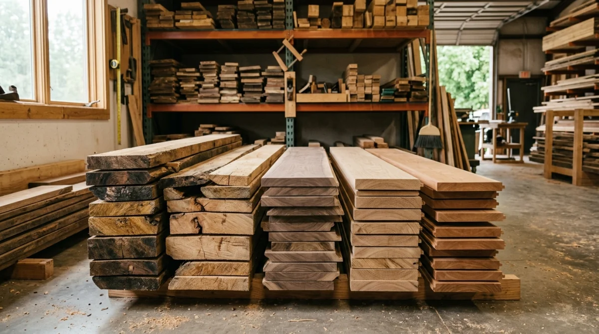 Planches de bois variées et bien rangées dans un entrepôt, qualité et diversité des matériaux