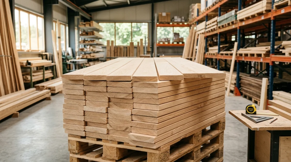 Planches de bois empilées dans un entrepôt lumineux, qualité professionnelle pour grossistes France.