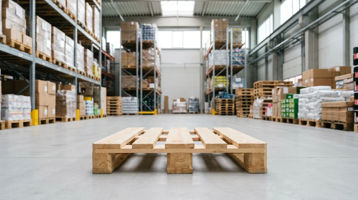 Palette en bois neuve et propre dans un entrepôt moderne, symbole de logistique et de distribution.