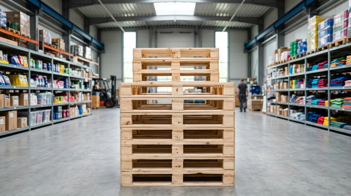 Pile de palettes en bois neuves dans un entrepôt lumineux, idéales pour grossistes.