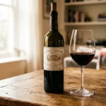 Bouteille de vin rouge et verre sur table en bois, ambiance chaleureuse.