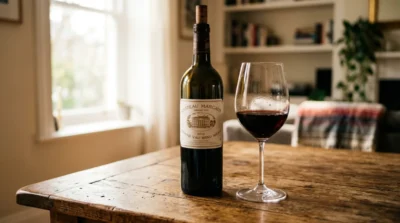 Bouteille de vin rouge et verre sur table en bois, ambiance chaleureuse.