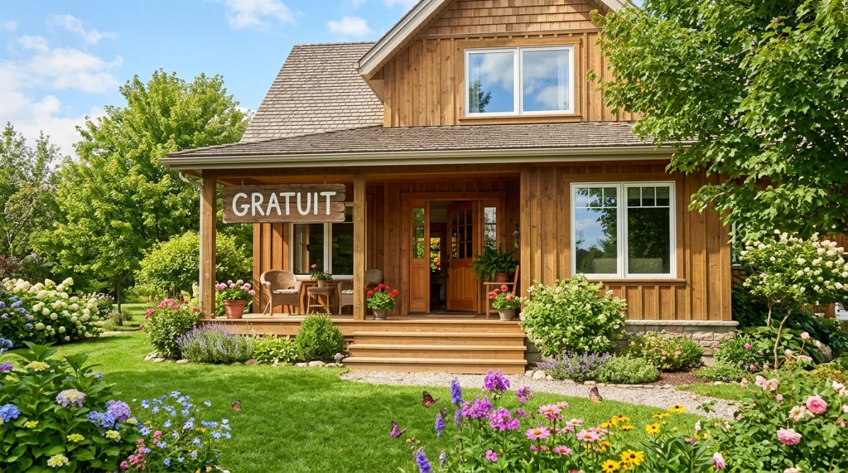 Maison en bois gratuite dans un jardin verdoyant, panneau "Gratuit" visible.
