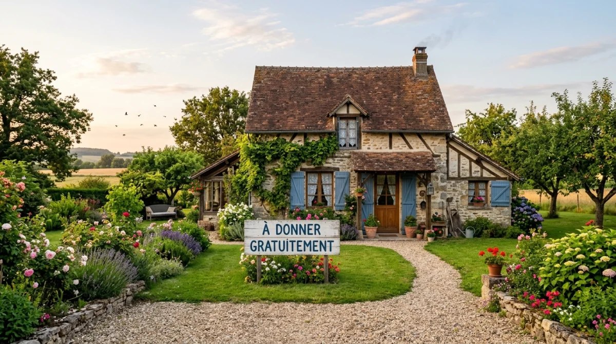 Maison de campagne pittoresque avec pancarte "À Donner Gratuitement" dans un jardin fleuri.