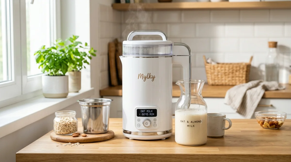 Machine à lait végétal Mylky : préparation de lait d'amande maison en cuisine moderne.