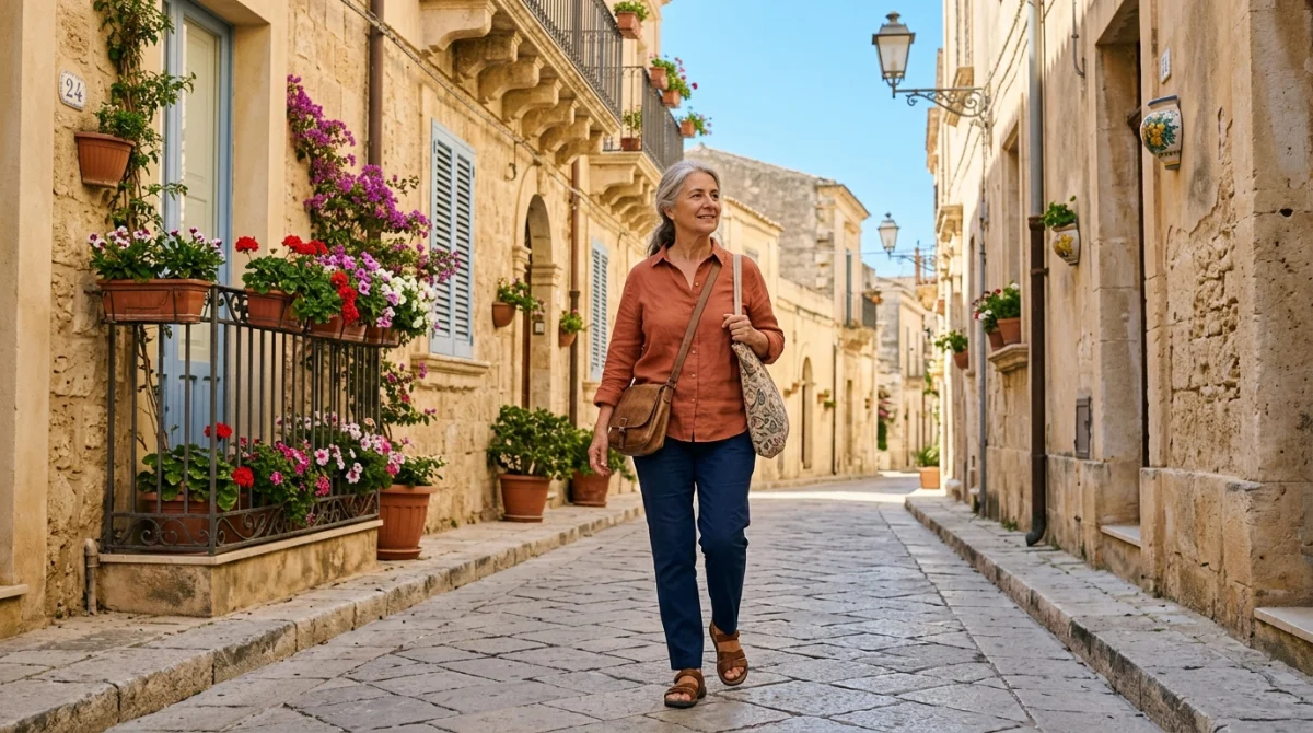 Personne marchant sereinement dans une ruelle sicilienne typique, un lieu sûr à privilégier lors de votre séjour en Sicile.