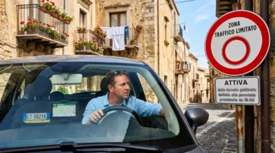 Conducteur perplexe face à un panneau ZTL dans une rue étroite, une erreur à éviter en Sicile.