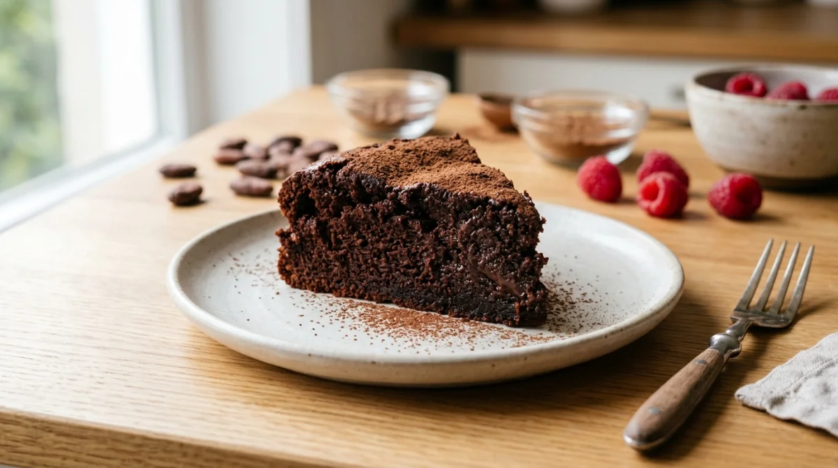 Part de gâteau au chocolat fondant et moelleux sur une assiette, idéale pour une recette sans sucre.