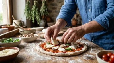 Chef préparant une pizza artisanale au jambon, fromage, mozzarella et champignons dans une cuisine rustique.