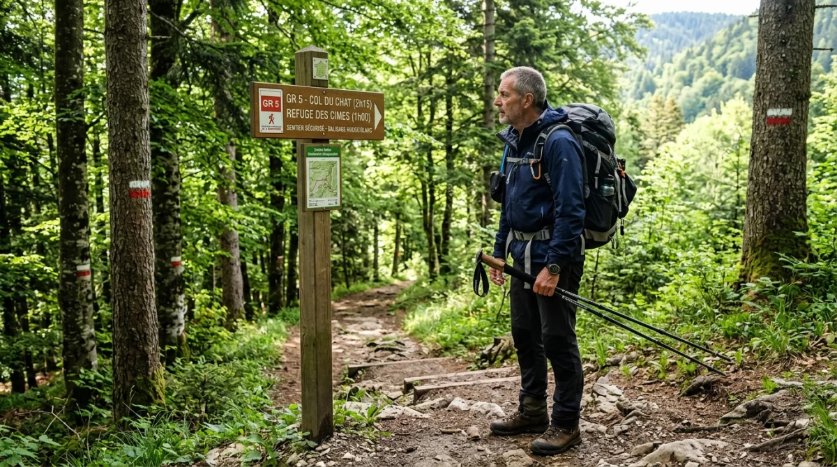 Randonneur équipé observant un sentier balisé en forêt, un conseil essentiel pour vos randonnées à éviter en Croatie.