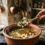 Main ajoutant des légumes frais dans une marmite pour la préparation d'une recette couscous au boeuf et légumes.
