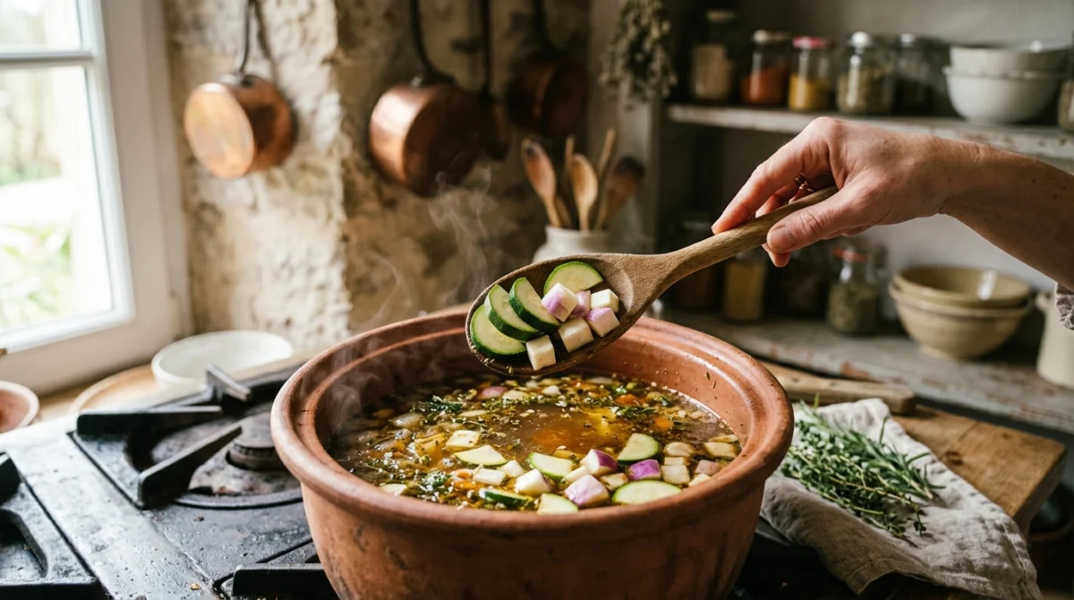 Main ajoutant des légumes frais dans une marmite pour la préparation d'une recette couscous au boeuf et légumes.
