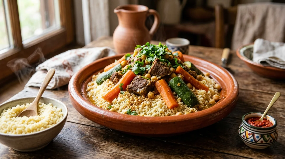 Plat traditionnel de couscous au bœuf tendre, légumes frais et pois chiches servi dans une assiette en terre cuite.