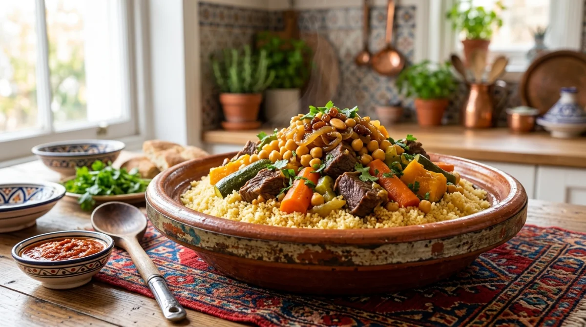 Plat traditionnel de couscous marocain au bœuf garni de légumes frais et pois chiches sur table rustique.
