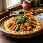 Grand plat traditionnel de couscous marocain au bœuf garni de légumes colorés dans une cuisine rustique chaleureuse.