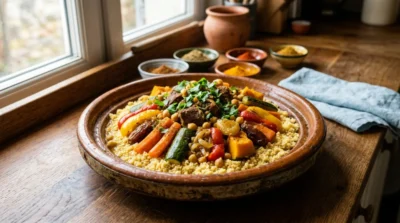 Grand plat traditionnel de couscous marocain au bœuf garni de légumes colorés dans une cuisine rustique chaleureuse.