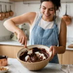Pâtissière préparant un gâteau au chocolat sans sucre pour diabétique dans une cuisine moderne et lumineuse.
