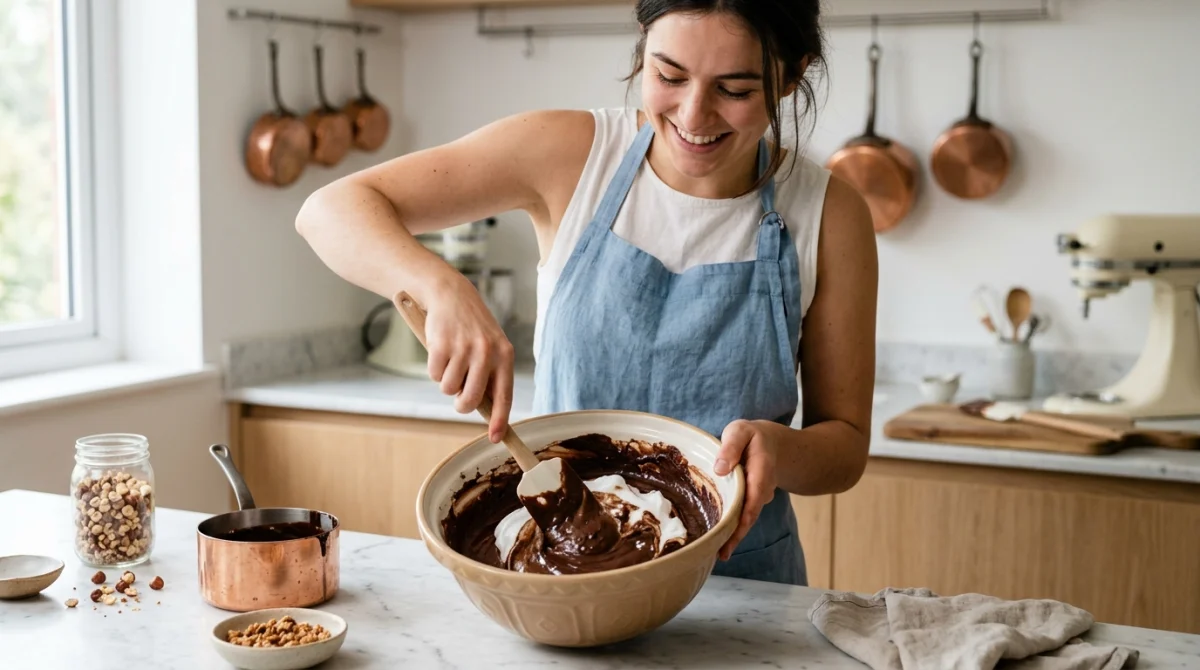 Pâtissière préparant un gâteau au chocolat sans sucre pour diabétique dans une cuisine moderne et lumineuse.