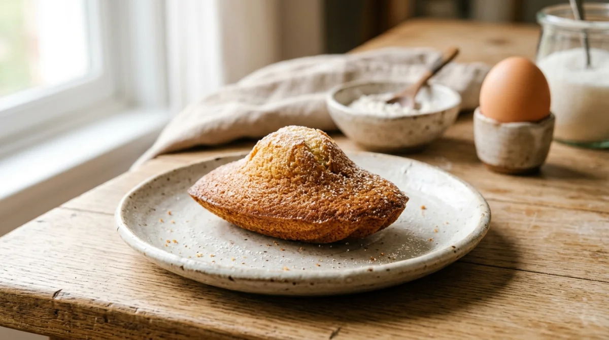 Madeleine dorée à la bosse prononcée sur une assiette, illustrant la recette biscuit madeleine Cyril Lignac.