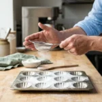 Mains de pâtissier saupoudrant de la farine dans un moule à madeleines pour la recette de Cyril Lignac.