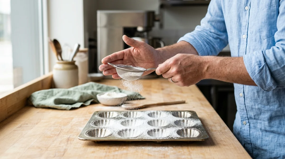 Mains de pâtissier saupoudrant de la farine dans un moule à madeleines pour la recette de Cyril Lignac.