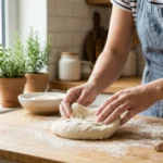 Mains farinées étalant une pâte à pizza souple sur un plan de travail pour une recette rapide sans levure.