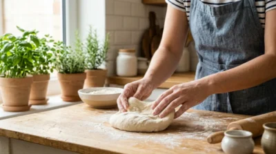 Mains farinées étalant une pâte à pizza souple sur un plan de travail pour une recette rapide sans levure.