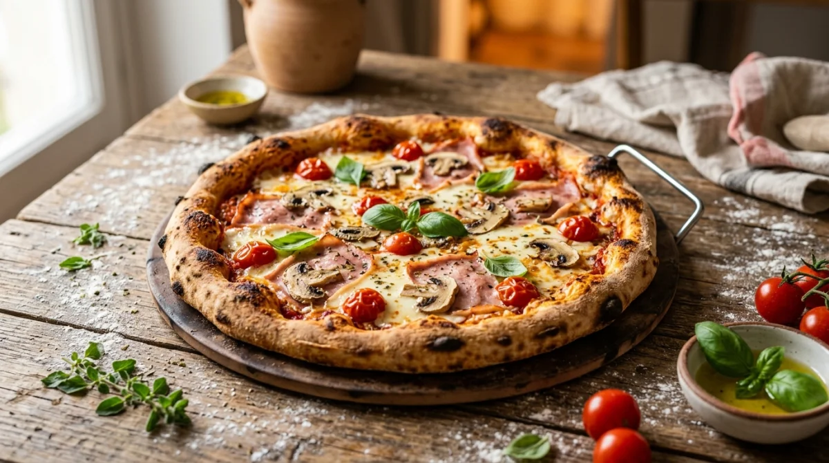 Pizza artisanale au jambon et aux champignons, sortie du four sur une table rustique, prête à être dégustée.