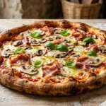 Pizza artisanale au jambon et champignons, croûte dorée croustillante sur un plan de travail en bois rustique.
