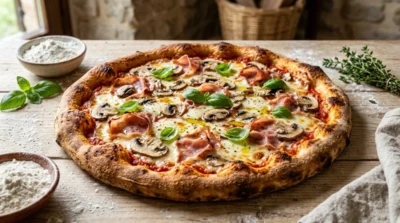 Pizza artisanale au jambon et champignons, croûte dorée croustillante sur un plan de travail en bois rustique.