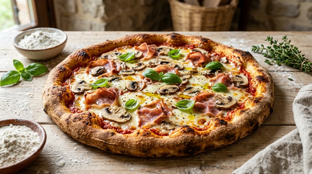Pizza artisanale au jambon et champignons, croûte dorée croustillante sur un plan de travail en bois rustique.