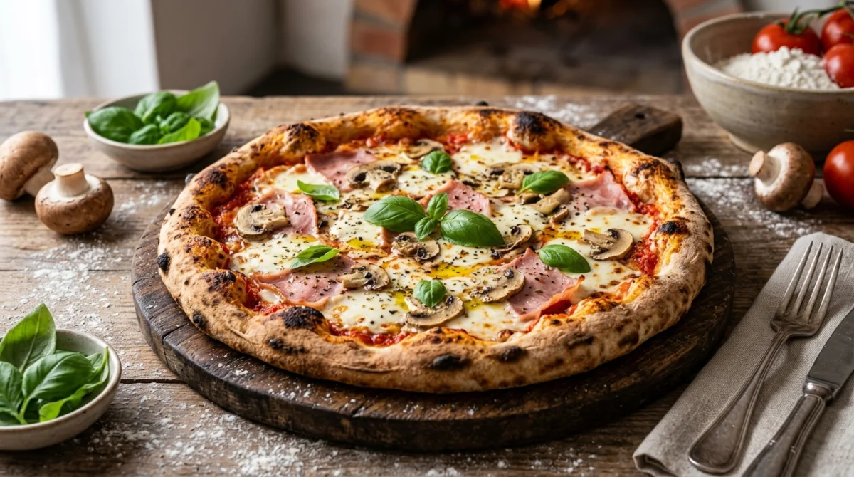 Pizza artisanale gourmande au jambon, champignons et mozzarella fondante sur une table en bois rustique.