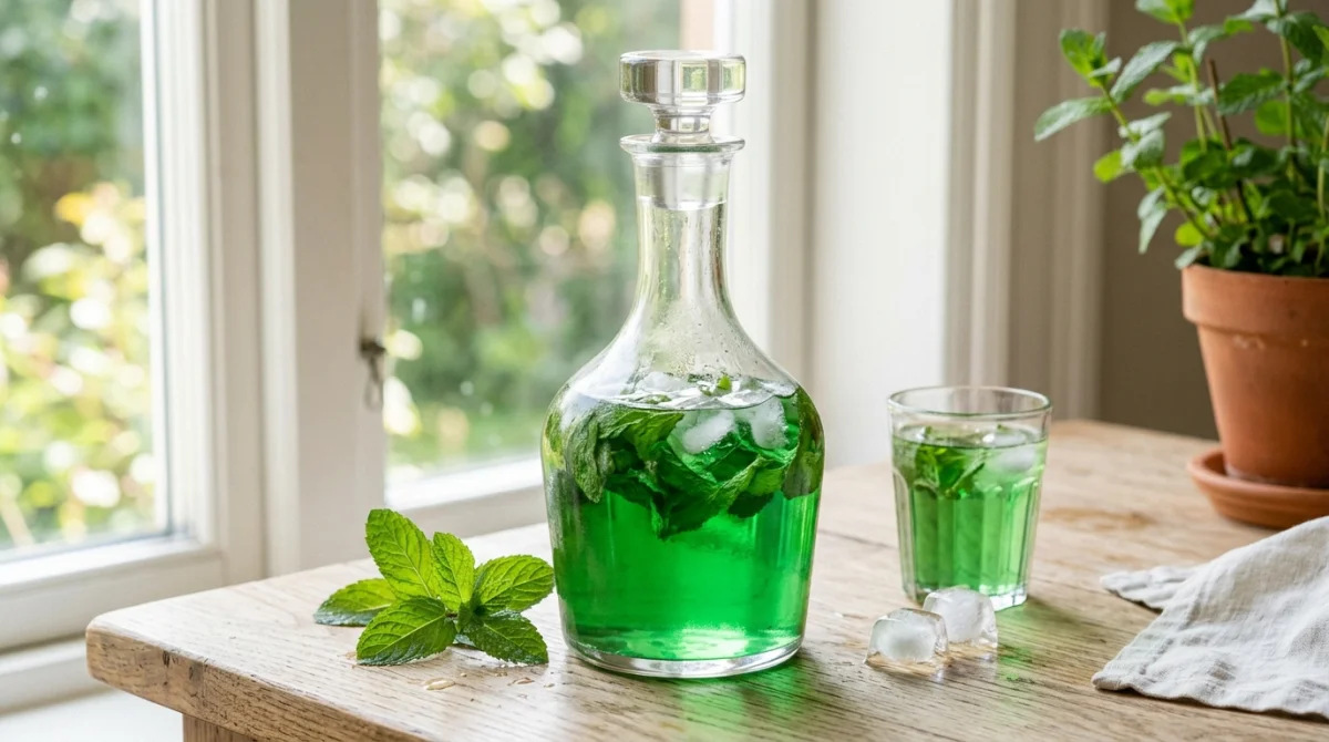 Carafe élégante de sirop de menthe maison sans sucre avec feuilles fraîches sur une table en bois clair.