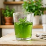 Verre de sirop de menthe maison sans sucre, décoré de feuilles fraîches sur une table en bois clair.