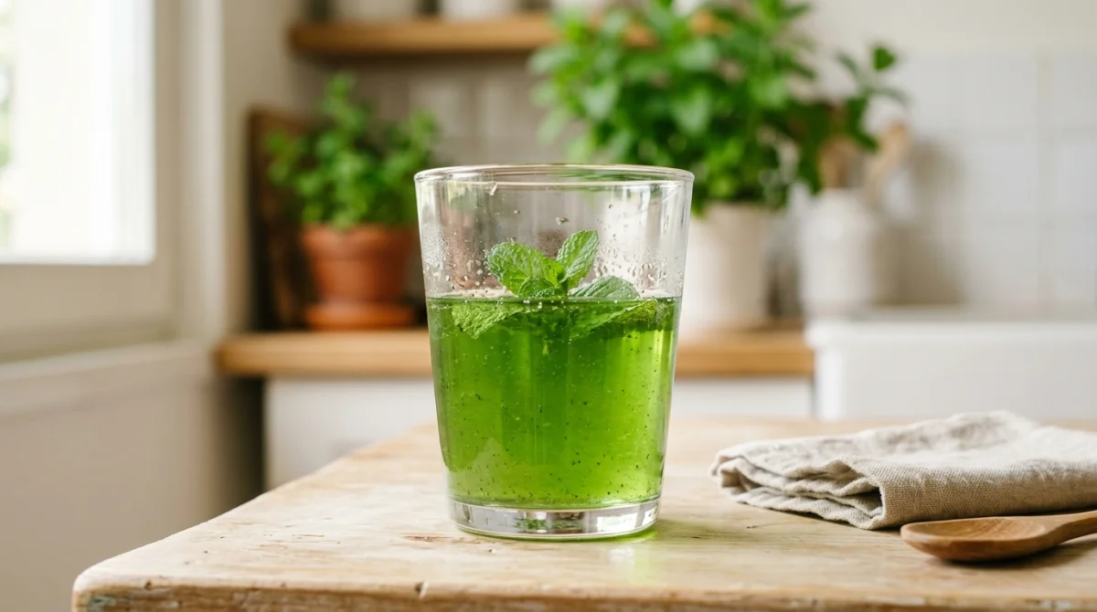Verre de sirop de menthe maison sans sucre, décoré de feuilles fraîches sur une table en bois clair.
