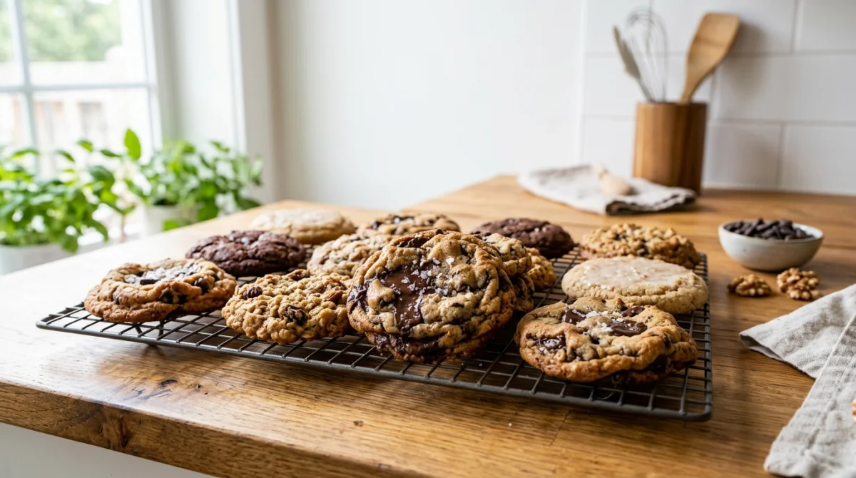 Assortiment de cookies artisanaux sans sucre disposés sur une grille dans une cuisine lumineuse et épurée.