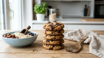 Pile de cookies sains aux pépites de chocolat noir sur une table en bois, ingrédients naturels en arrière-plan.