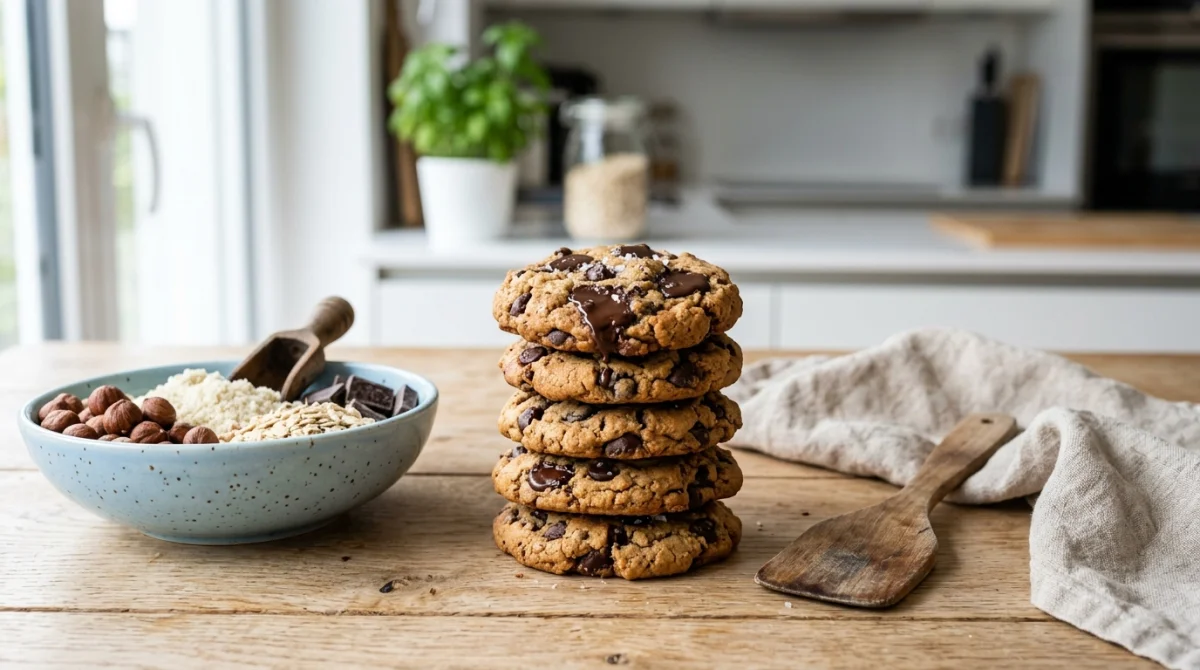 Pile de cookies sains aux pépites de chocolat noir sur une table en bois, ingrédients naturels en arrière-plan.