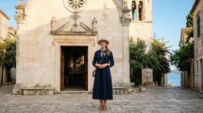 Touriste en tenue respectueuse devant une église historique en pierre, un comportement à privilégier à éviter en Croatie.