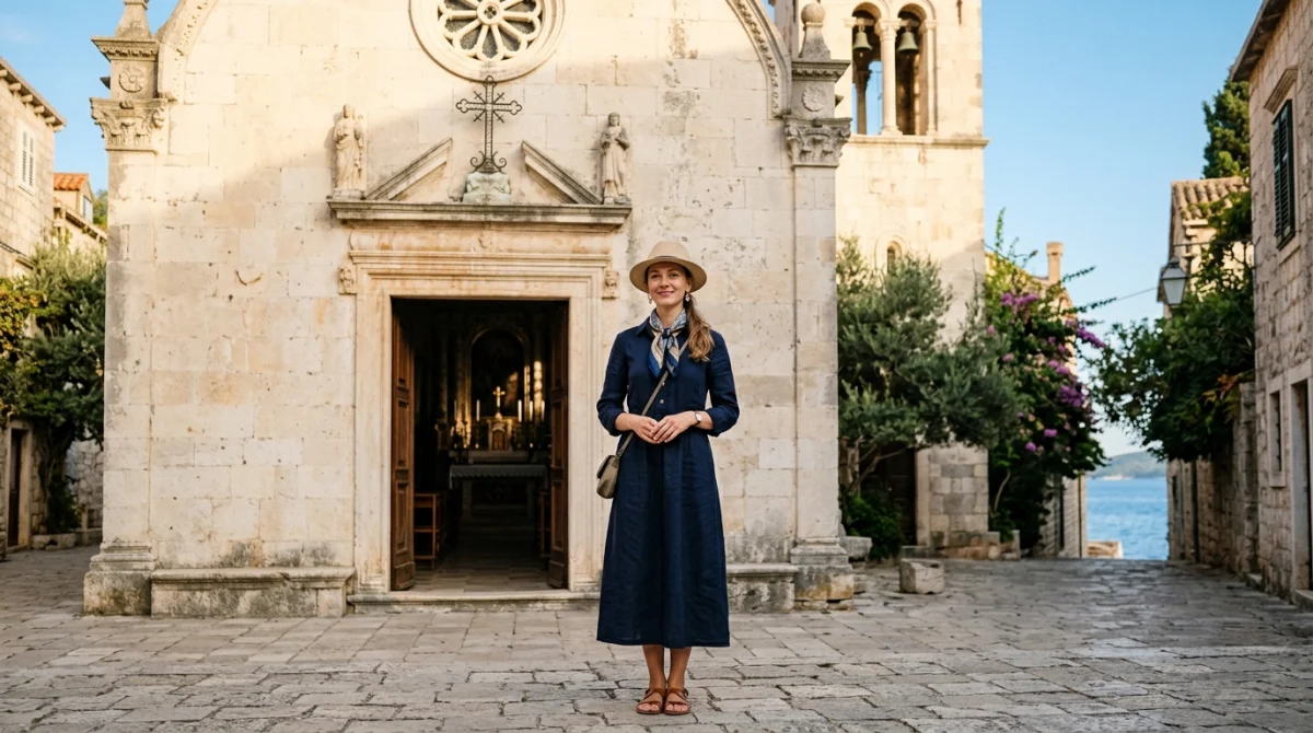 Touriste en tenue respectueuse devant une église historique en pierre, un comportement à privilégier à éviter en Croatie.