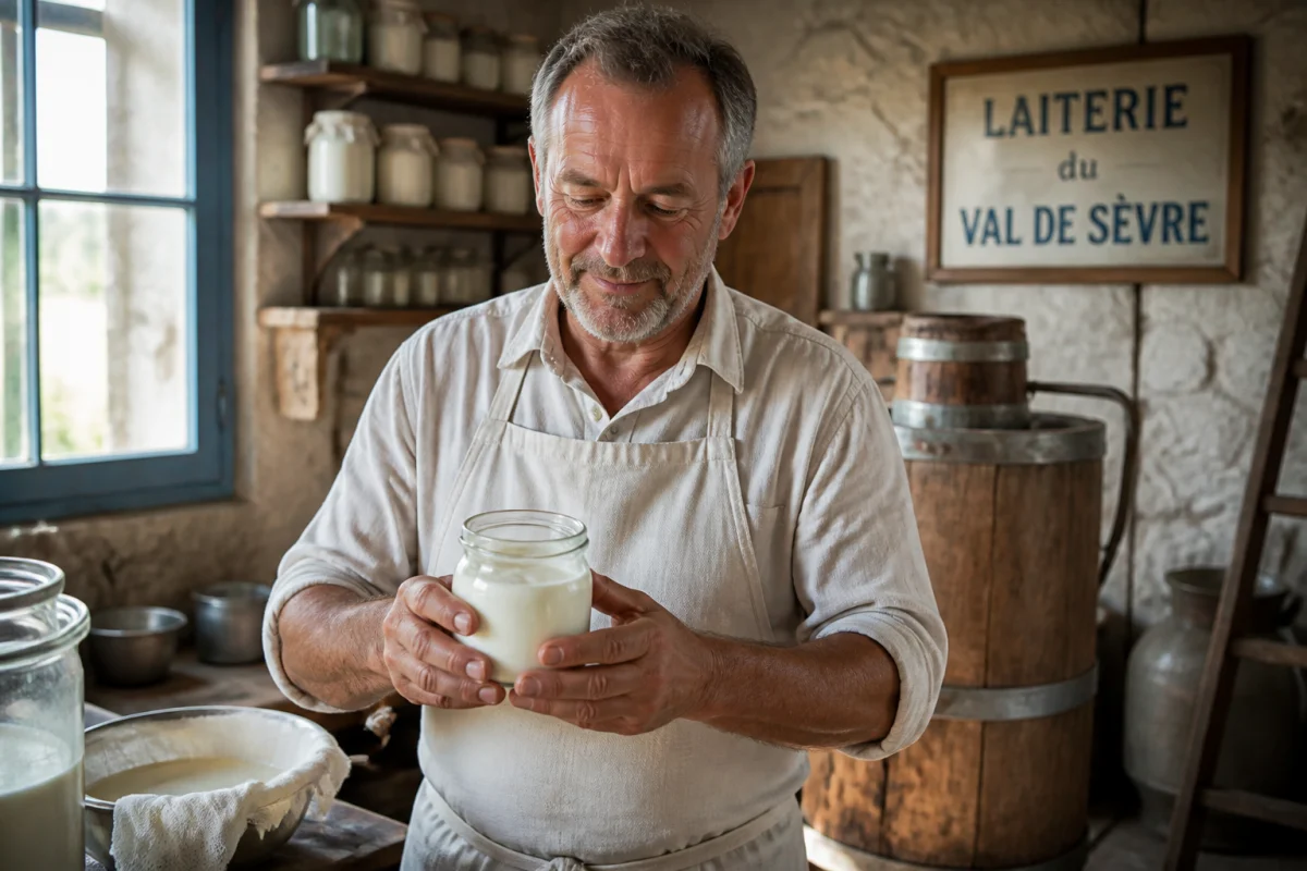 Artisan laitier préparant un yaourt traditionnel dans une cuisine rustique pour illustrer l'histoire de la marque Danone.