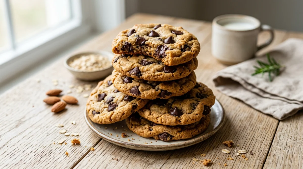 Pile de cookies dorés et moelleux aux pépites de chocolat sans sucre sur une table rustique en bois.