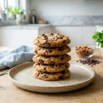 Pile de cookies maison sans sucre aux éclats de noisettes et chocolat, présentés sur une assiette en céramique.