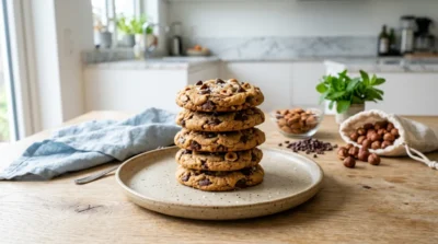Pile de cookies maison sans sucre aux éclats de noisettes et chocolat, présentés sur une assiette en céramique.