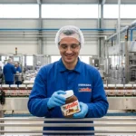 Employé d'usine souriant manipulant un pot de Nutella sur la ligne de production moderne de Villers-Écalles.