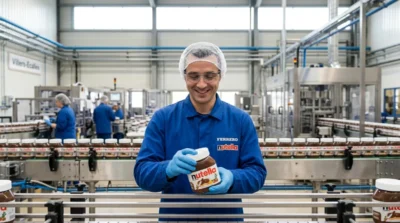 Employé d'usine souriant manipulant un pot de Nutella sur la ligne de production moderne de Villers-Écalles.